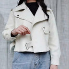 Lapel Short Motorcycle Leather Ladies Jacket Pi-Mart