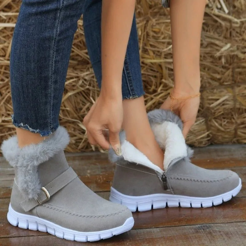 New Snow Boots Winter Warm Thickened Solid Color Plush Ankle Boots With Buckle Design Plus Velvet Flat Shoes For Women Pi-Mart