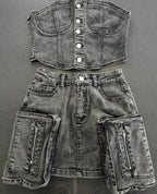 Y2k Fashion Vintage Washed Denim Set Women Off Shoulder Cropped Top Mini Skirt Jean Suit Summer Streetwear 2 Two Piece Outfits Purplish Diva