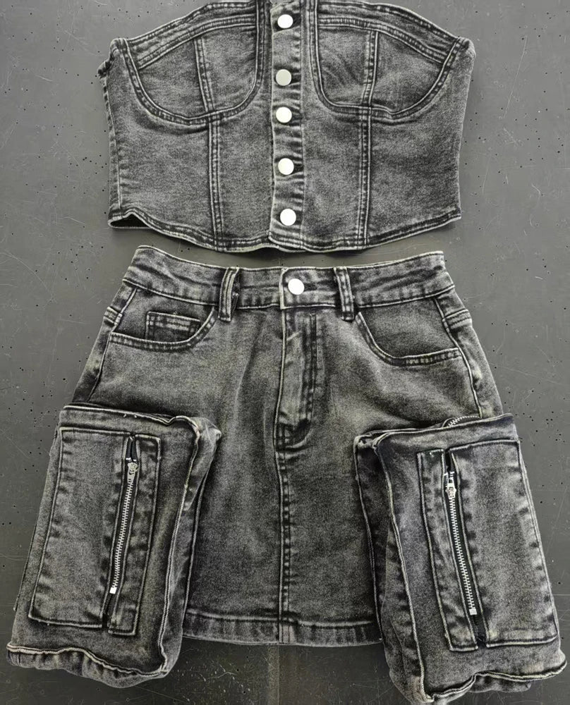 Y2k Fashion Vintage Washed Denim Set Women Off Shoulder Cropped Top Mini Skirt Jean Suit Summer Streetwear 2 Two Piece Outfits Purplish Diva
