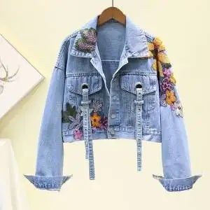 Autumn Denim Jacket Women Flowers Embroidery Sequins Jeans Coat Loose Long Sleeve Casual Student Short Clothes Streetwear H302 Purplish Diva