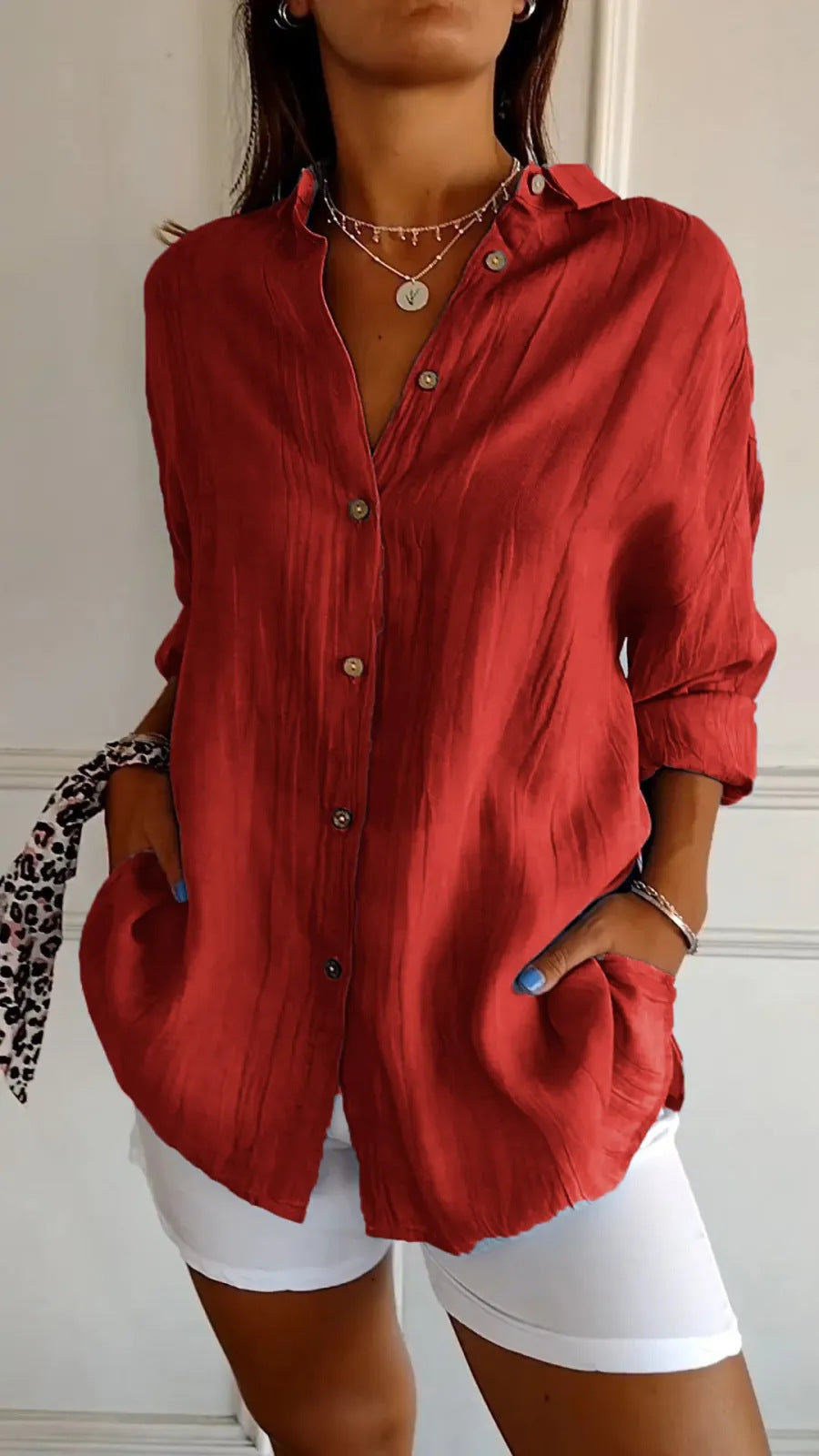 Lapel Long Sleeve Shirt Women's Single-breasted Pleated Shirt Pi-Mart