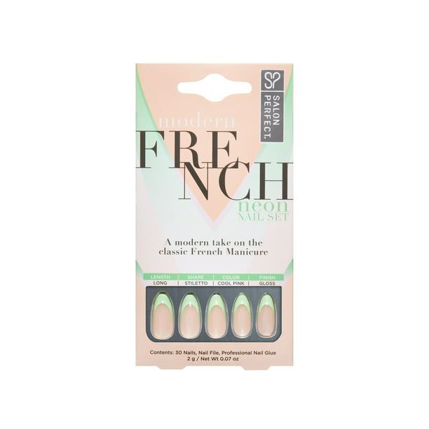 Salon Perfect Artificial Nails, 145 Neon Modern French Mint File & Glue Included, 30 Nails EasyOptionXY LLC