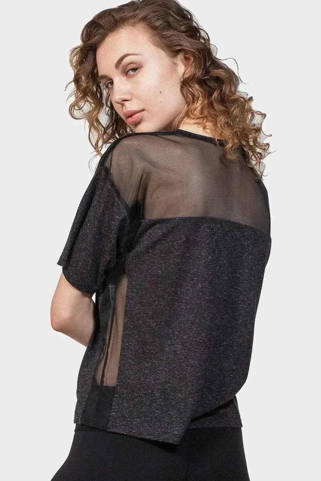 Back Mesh Yoke Top – Sexy Black Crew Neck with Peek-a-Boo Mesh - SJB-DIAMOND ELITES