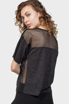 Back Mesh Yoke Top – Sexy Black Crew Neck with Peek-a-Boo Mesh - SJB-DIAMOND ELITES
