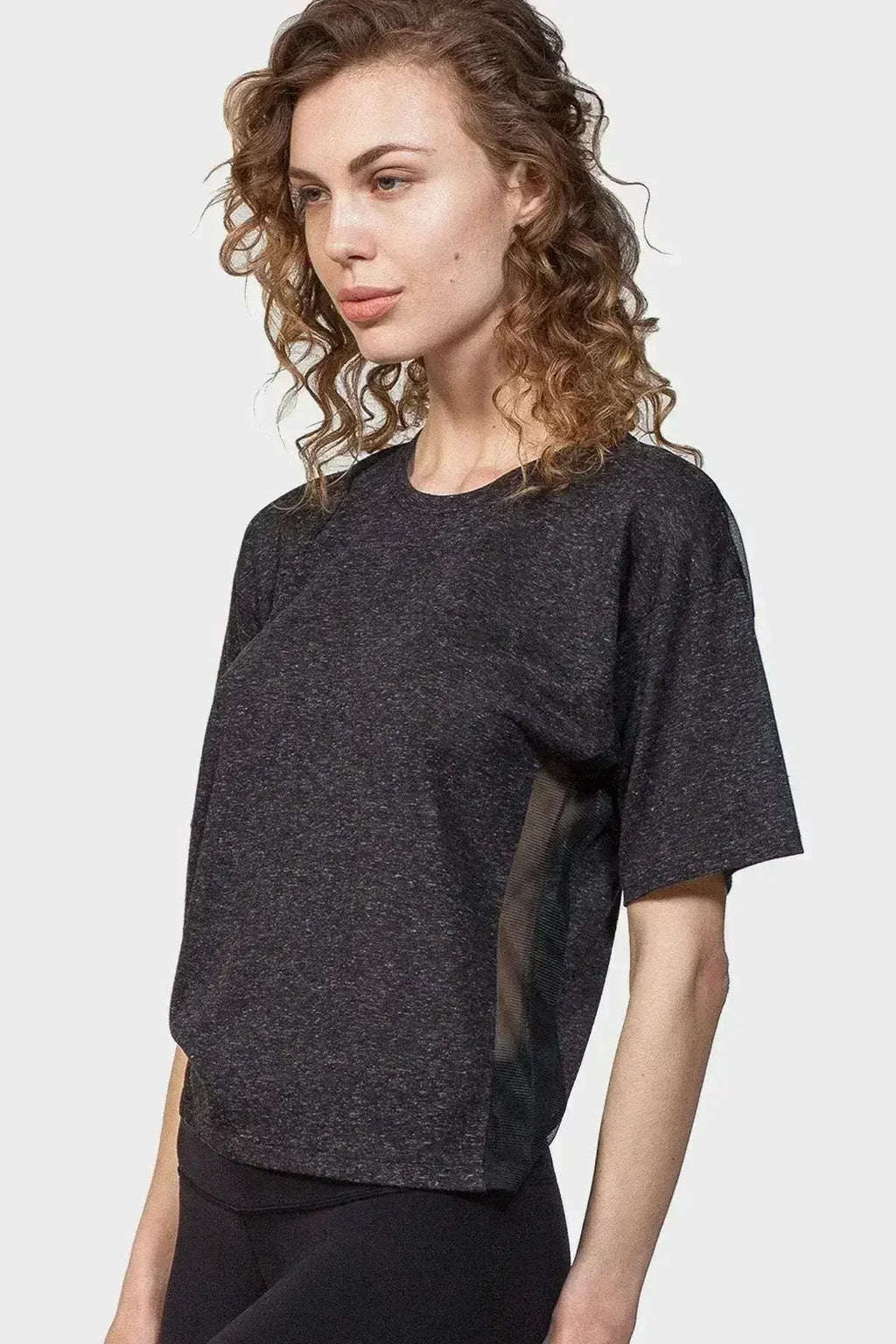 Back Mesh Yoke Top – Sexy Black Crew Neck with Peek-a-Boo Mesh - SJB-DIAMOND ELITES