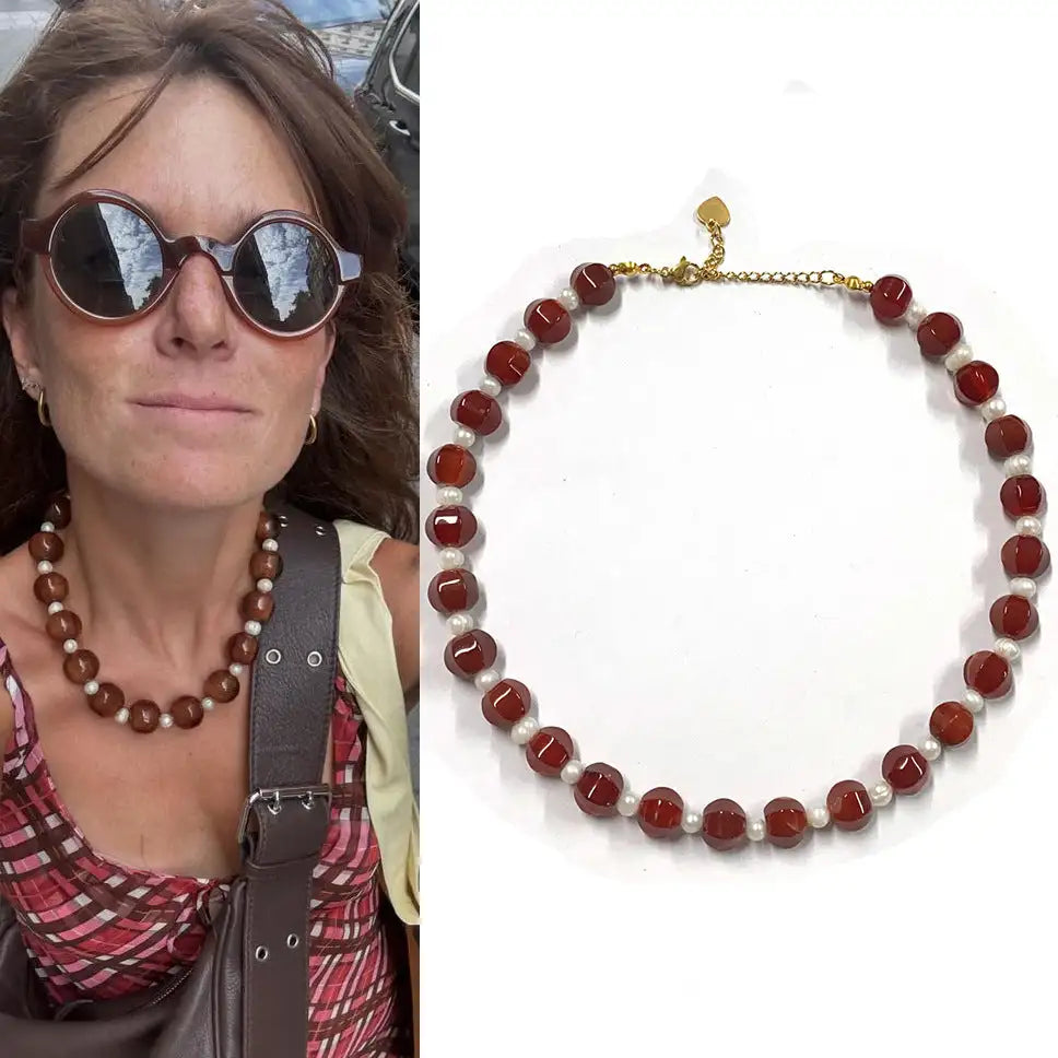 New Retro Dark Red Natural Stone Sweater Chain