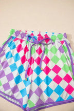 Black Checkered Drawstring Elastic Waist Casual Shorts
