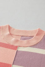 Pink Striped Patchwork Drop Shoulder Sweater