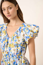 New Summer Floral V-Neck Cap Sleeve Mini Dress For Women – Charming Floral Print Mini Dress with V-Neckline and Cap Sleeves