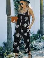 Flowers Print Suspender Jumpsuit With Pockets Spring Summer Fashion Round-neck Overalls For Womens Clothing Pi-Mart