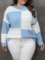 Plus Size Openwork Color Block Long Sleeve Sweater - SJB-DIAMOND ELITES