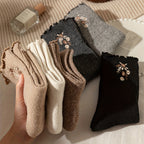 6 Pairs Floral Embroidery Socks, Comfy & Soft Lettuce Trim Socks, Women's Stockings & Hosiery Lootquake LLC