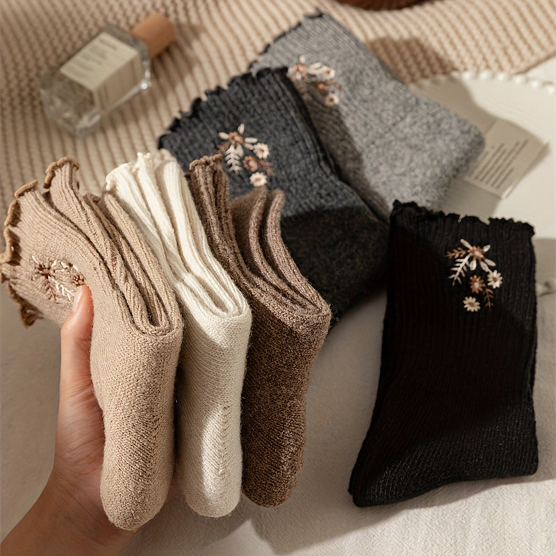 6 Pairs Floral Embroidery Socks, Comfy & Soft Lettuce Trim Socks, Women's Stockings & Hosiery Lootquake LLC