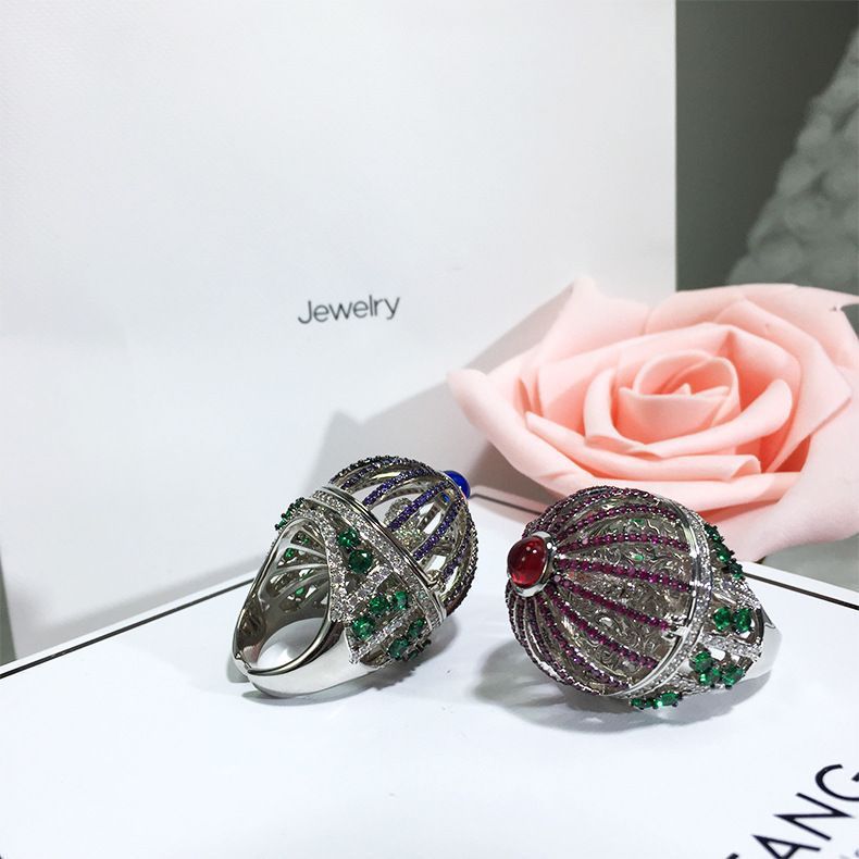 Personalized Creative Birdcage Full Diamond Color Zircon Ring