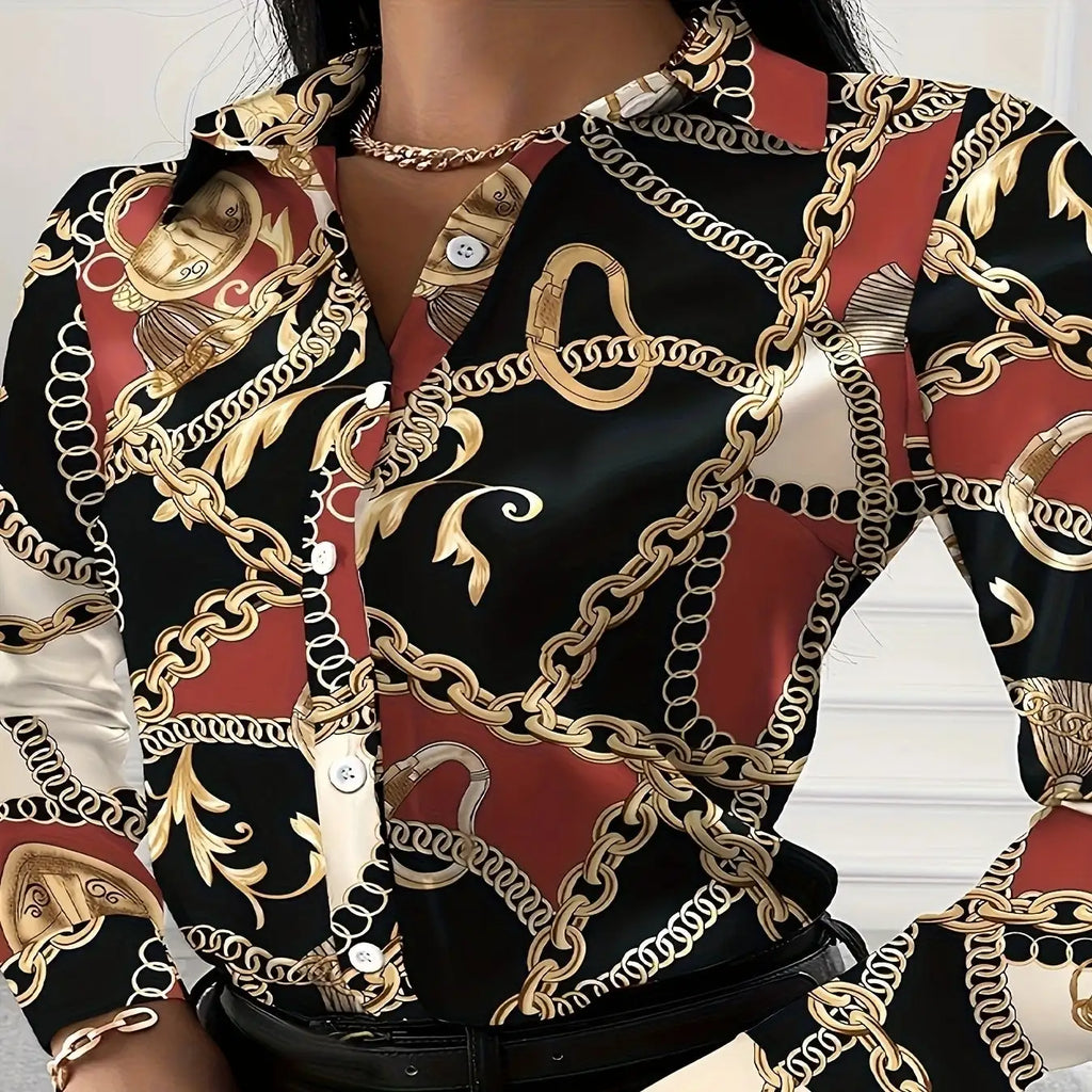 Ladies' Sexy Button Up Shirt With Fashionable Chain Print V-neck Lapel Long Sleeved Top - SJB-DIAMOND ELITES