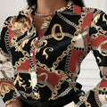 Ladies' Sexy Button Up Shirt With Fashionable Chain Print V-neck Lapel Long Sleeved Top - SJB-DIAMOND ELITES
