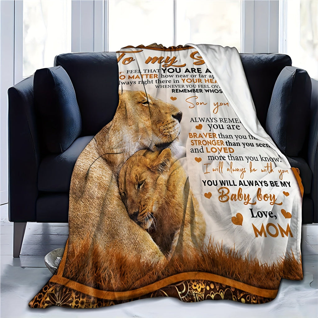1pc, Flannel Blanket For Son From Mom, Cozy Soft Warm, Charming Lion Design, Sentimental Quote, Ideal Gift, Home Decor Lootquake LLC