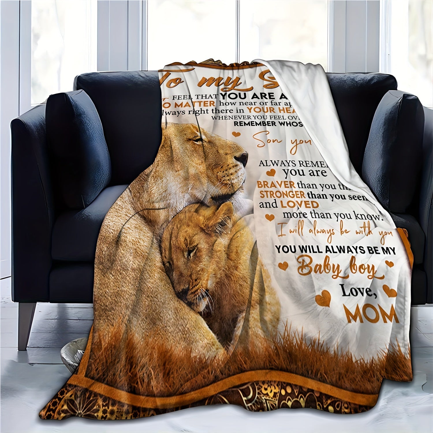 1pc, Flannel Blanket For Son From Mom, Cozy Soft Warm, Charming Lion Design, Sentimental Quote, Ideal Gift, Home Decor Lootquake LLC