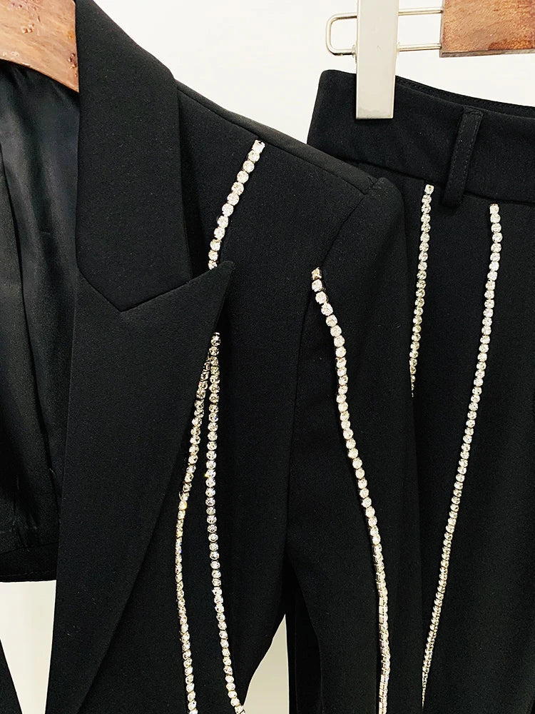 HIGH STREET Newest Fashion 2024 Designer Suit Set Women's Single Button Hollow Out Diamonds Beaded Blazer Flare Pants Set Purplish Diva