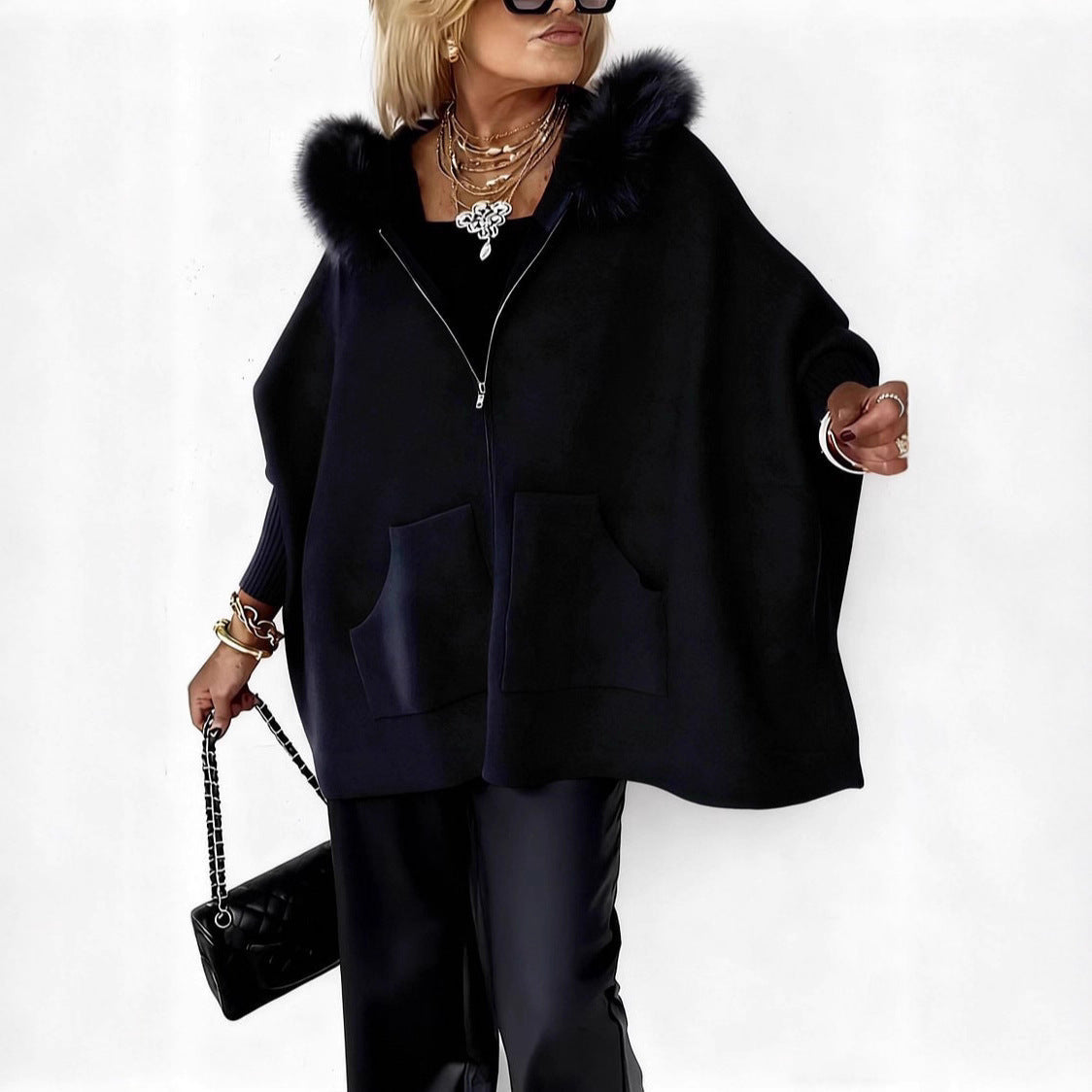Women's Plush Hooded Cardigan - Batwing Sleeve Zip Up Knitted Jacket with Pockets