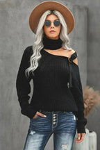Winter Black Strapped Cut out Shoulder Turtleneck Sweater - SJB-DIAMOND ELITES