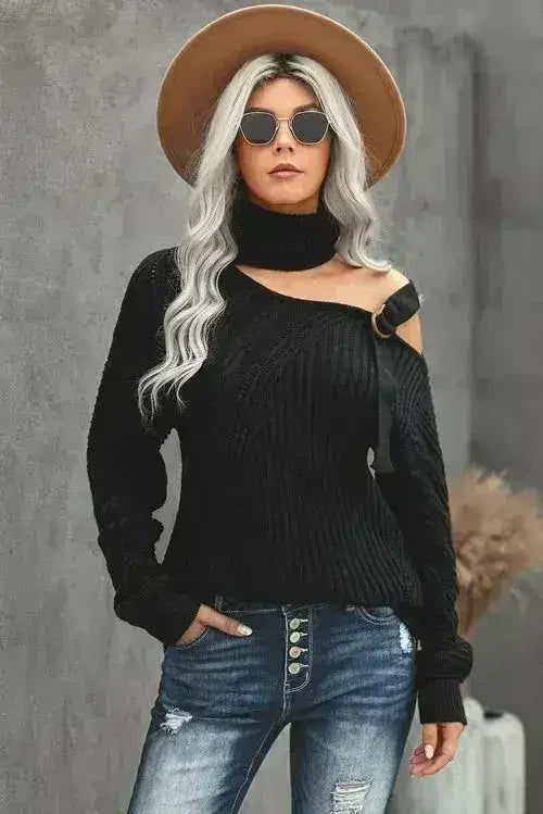 Winter Black Strapped Cut out Shoulder Turtleneck Sweater - SJB-DIAMOND ELITES