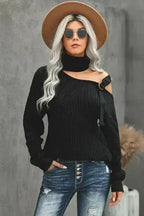 Winter Black Strapped Cut out Shoulder Turtleneck Sweater - SJB-DIAMOND ELITES