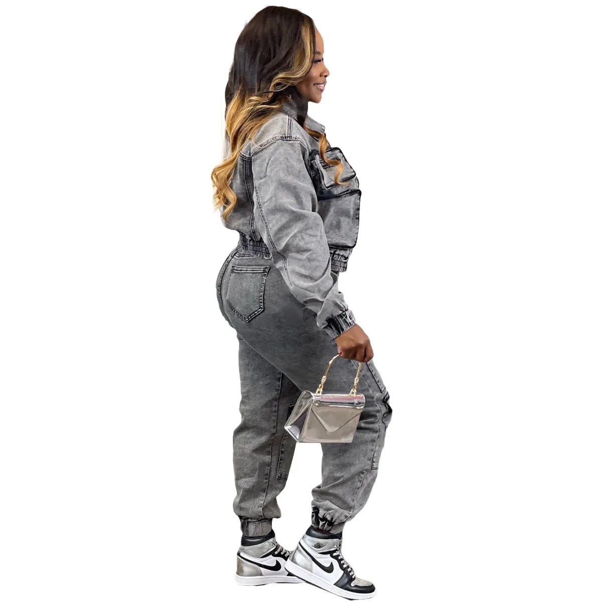 Pant Sets Long Sleeve Women Tracksuit Zipper Denim Coat Cargo Ankle Length Pants Pockets High Street Spliced Slim 2024 Purplish Diva