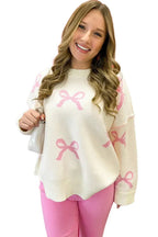 Pink Bow Print Exposed Seam Drop Sleeve Sweater