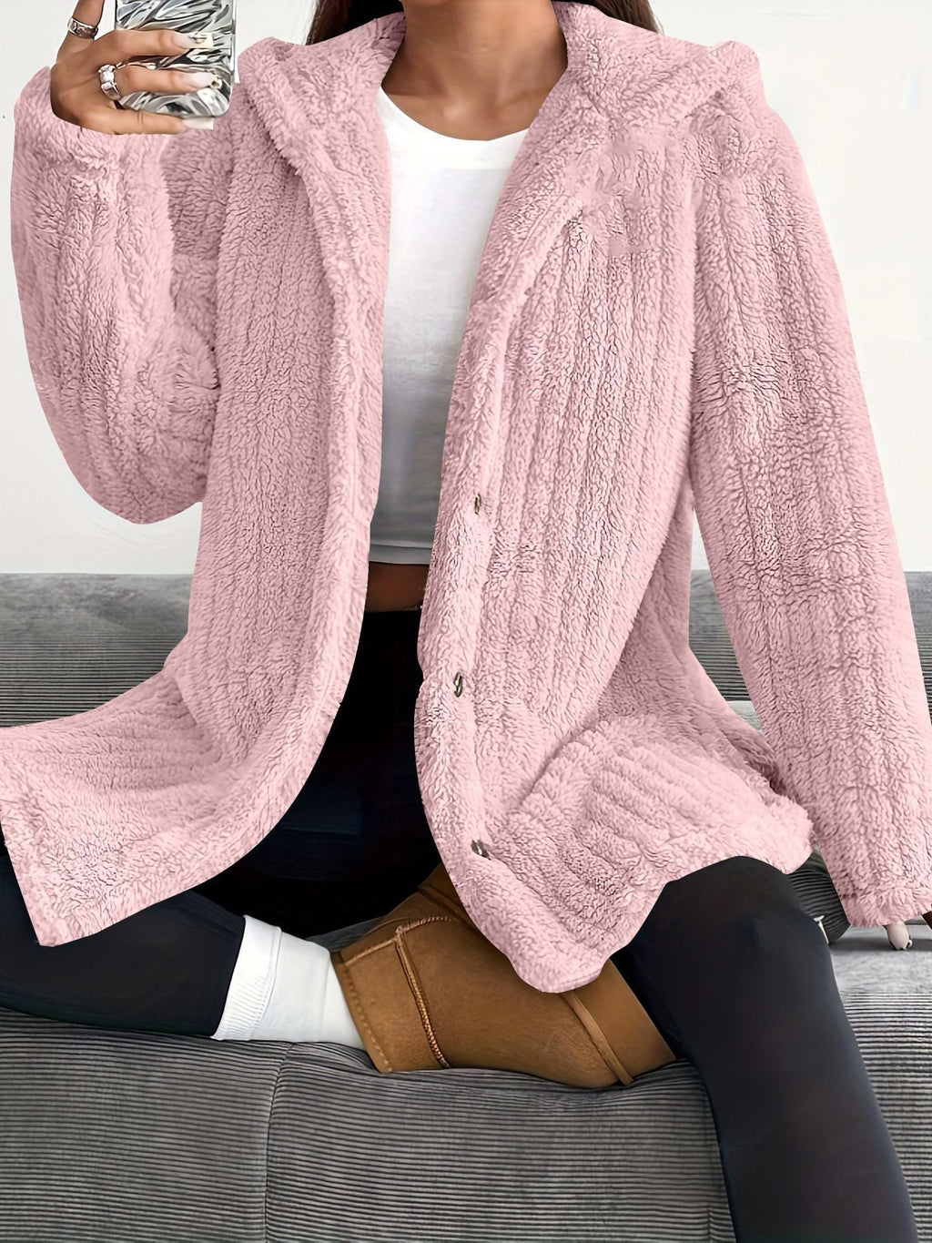 Hooded Loose Plush Coat Women's Regular Sleeve Pi-Mart