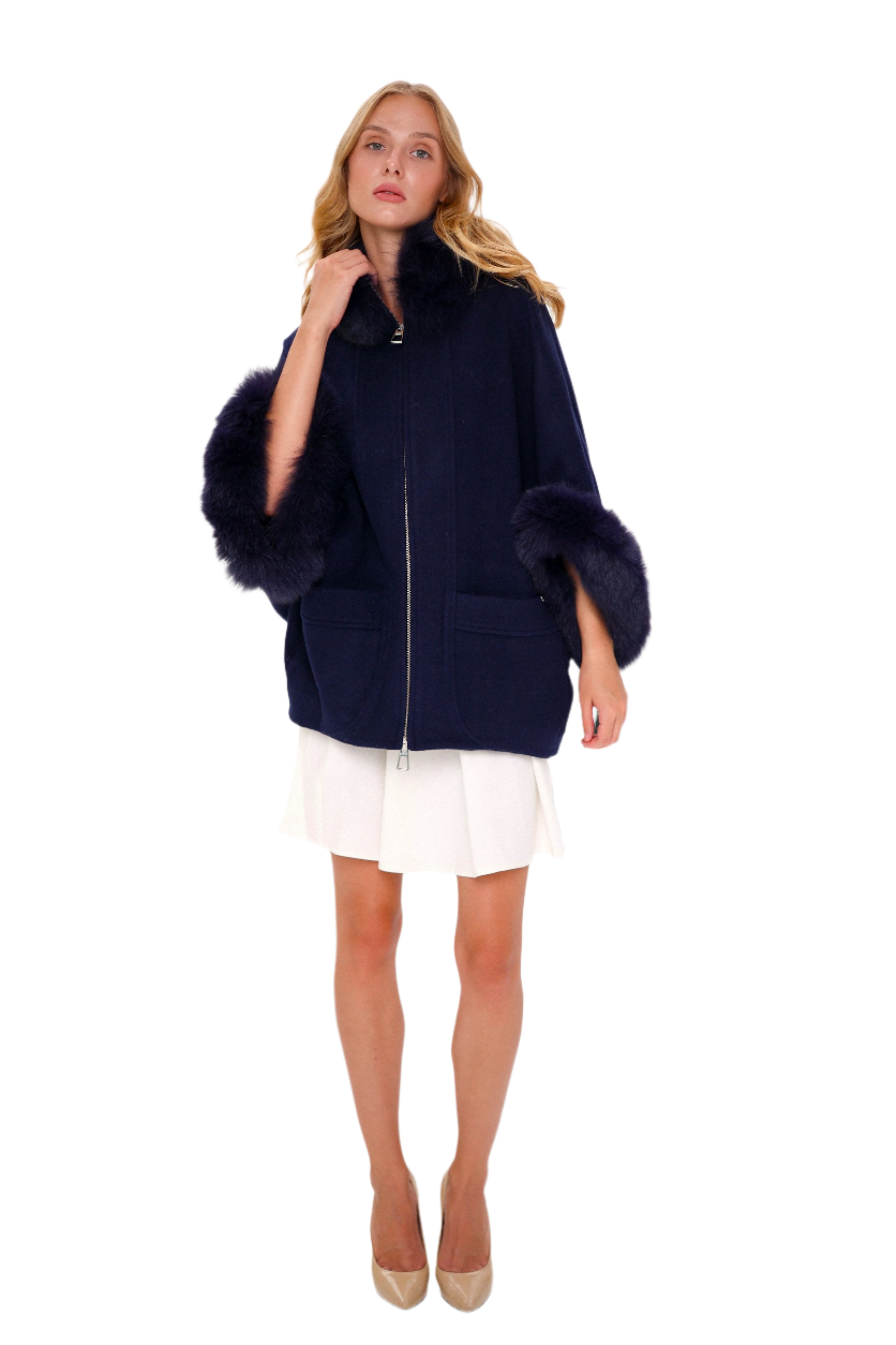 Genuine Polar Fox Fur Cashmere Blend Poncho in True Navy - SJB-DIAMOND ELITES