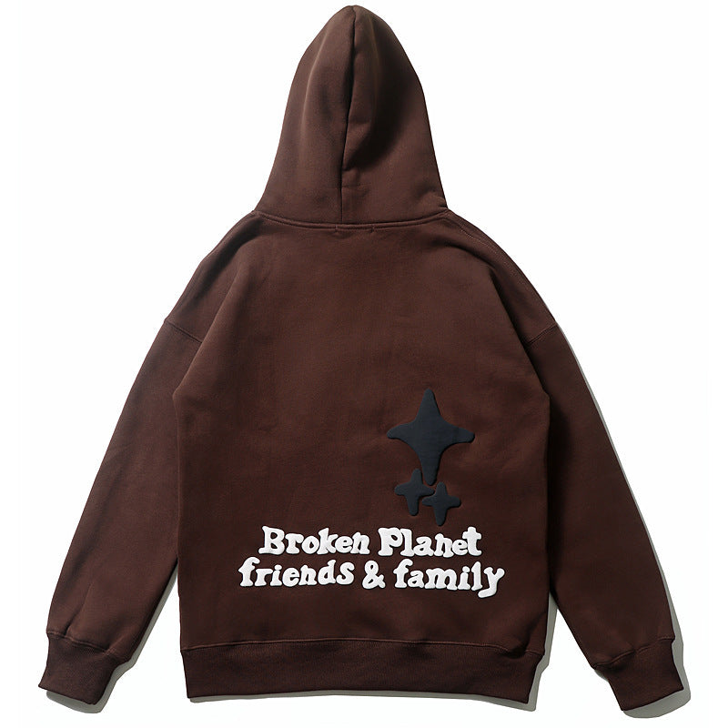 Men's Bat Print Velvet Hoodie - American Retro Pullover with Wool Lining (Dark Brown) Pi-Mart