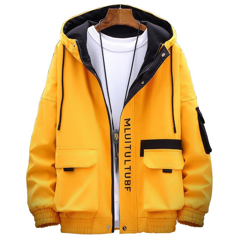 Men’s Casual Jacket – Korean Style Thickened Hooded Coat for Spring & Autumn | Trendy Youth Outerwear | Polyester Windbreaker (Yellow, Gray, Black) – Sizes M to XXXXL