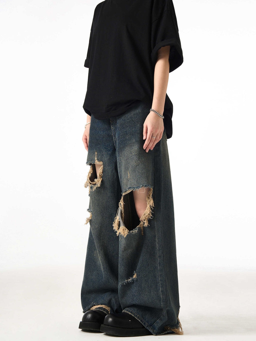 Couple Hole Worn Jeans Wide-leg Pants Lootquake LLC