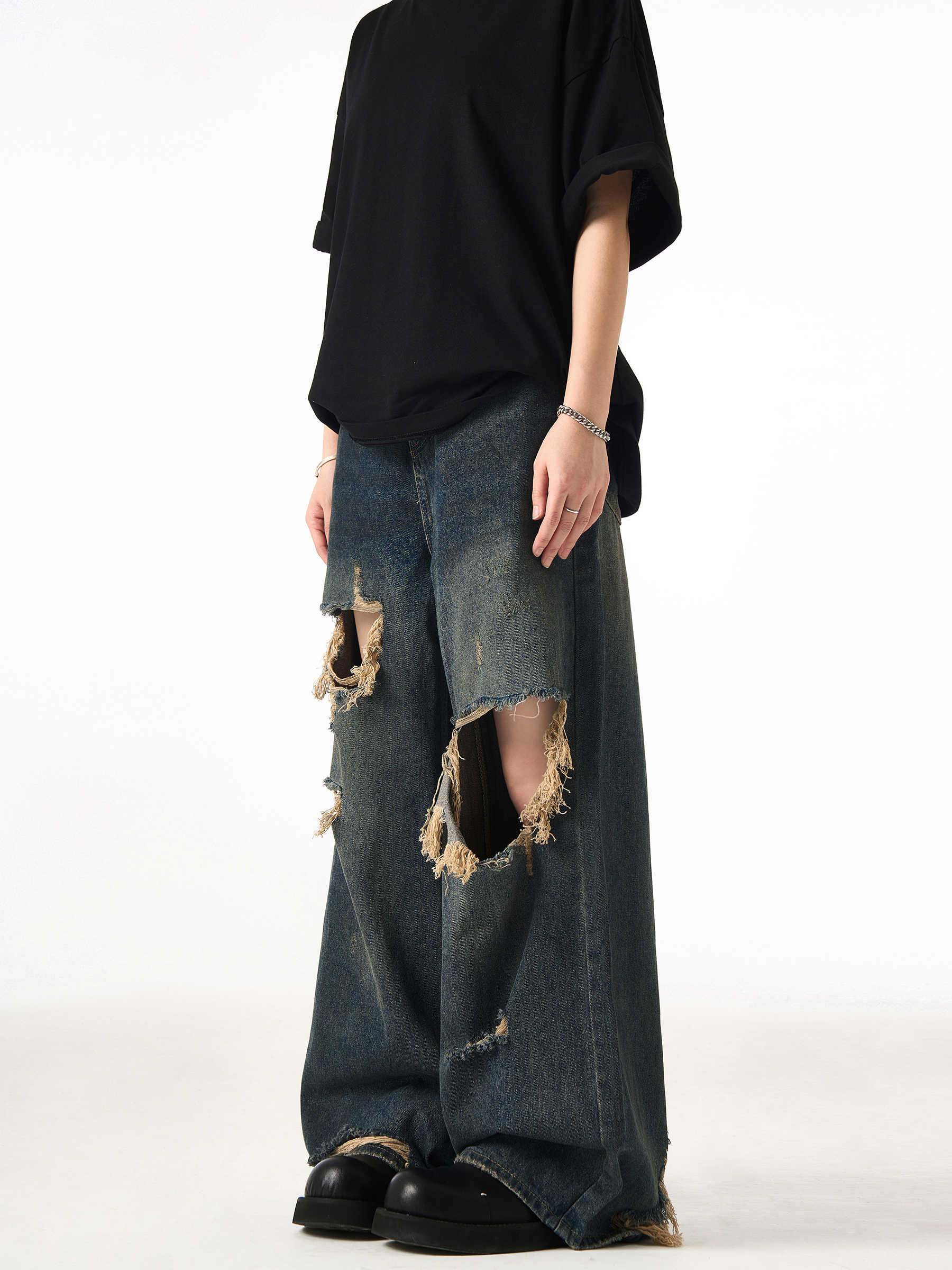 Couple Hole Worn Jeans Wide-leg Pants Lootquake LLC