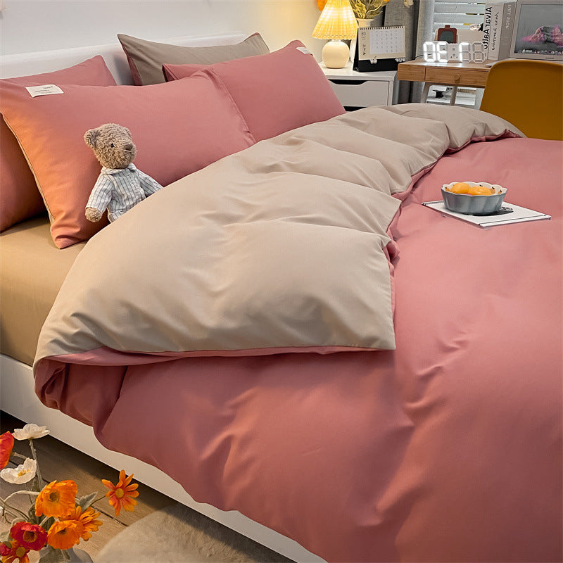 Pure Color Washed Cotton Four-piece Set Of Plaid Striped Sheets Quilt Cover Bedding Pi-Mart
