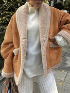 Fuzzy Collared Neck Long Sleeve Jacket with Buttoned Closure and Cozy Pockets Stevvex
