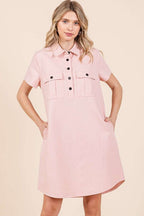 New Button Detail Collared Neck Short Sleeve Shirt Dress For Women – Chic, Trendy, Casual, Unique, Versatile & Classic Elegance Stevvex