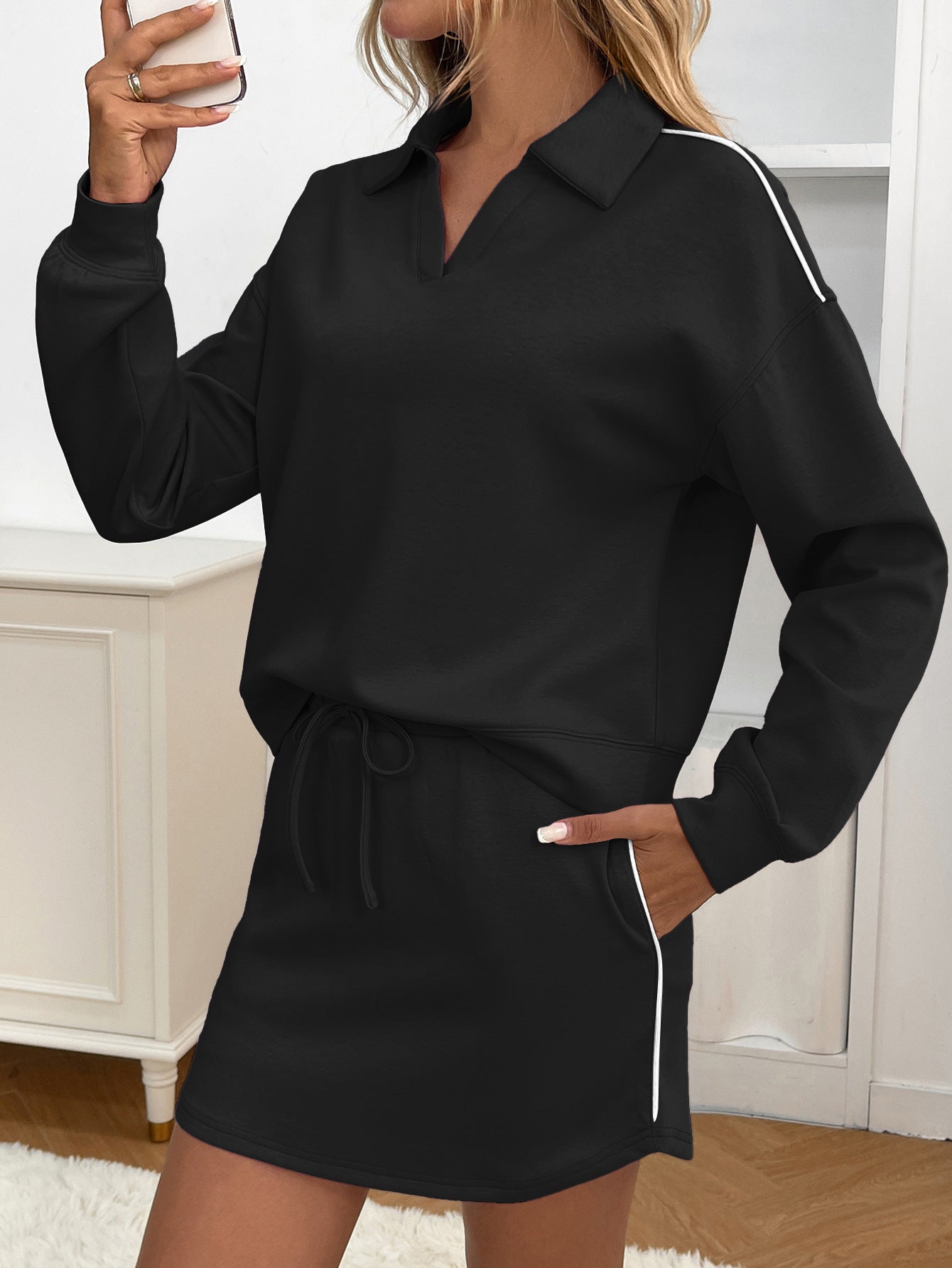 Casual Sport Lapel Long Sleeve Top With Pocket Skirt Set Pi-Mart