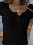 Ribbed Button Detail Round Neck Short Sleeve T-Shirt
