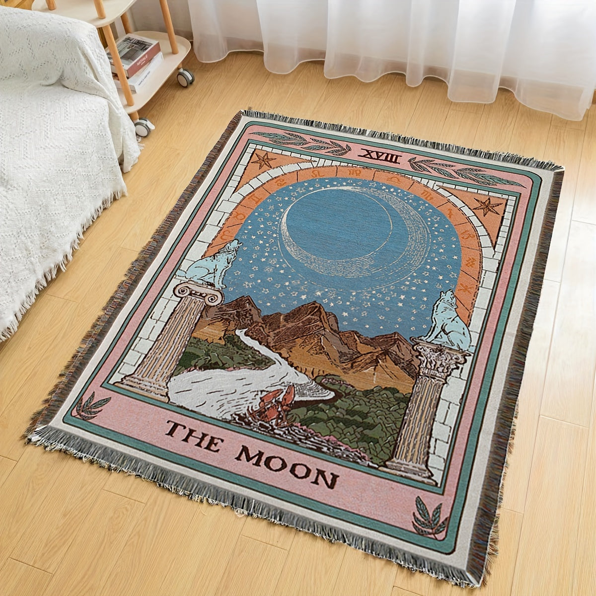 1pc Bohemian Knitted Tassel Blanket - Polyester Blend, Machine Washable, Square, Stain Resistant, Lightweight, Versatile for Indoor, Outdoor, Camping - The Moon Design Rug Lootquake LLC