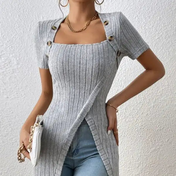 Ladies' Versatile Solid Color Elegant Style Square Neck Button Detail Wrapped Edge Slit Long T-shirt Top - SJB-DIAMOND ELITES