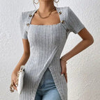 Ladies' Versatile Solid Color Elegant Style Square Neck Button Detail Wrapped Edge Slit Long T-shirt Top - SJB-DIAMOND ELITES