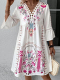 Exquisite Summer Feminine Lace Detail Printed Dress Chic Midi Lightweight Dress Stevvex