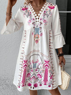 Exquisite Summer Feminine Lace Detail Printed Dress Chic Midi Lightweight Dress Stevvex