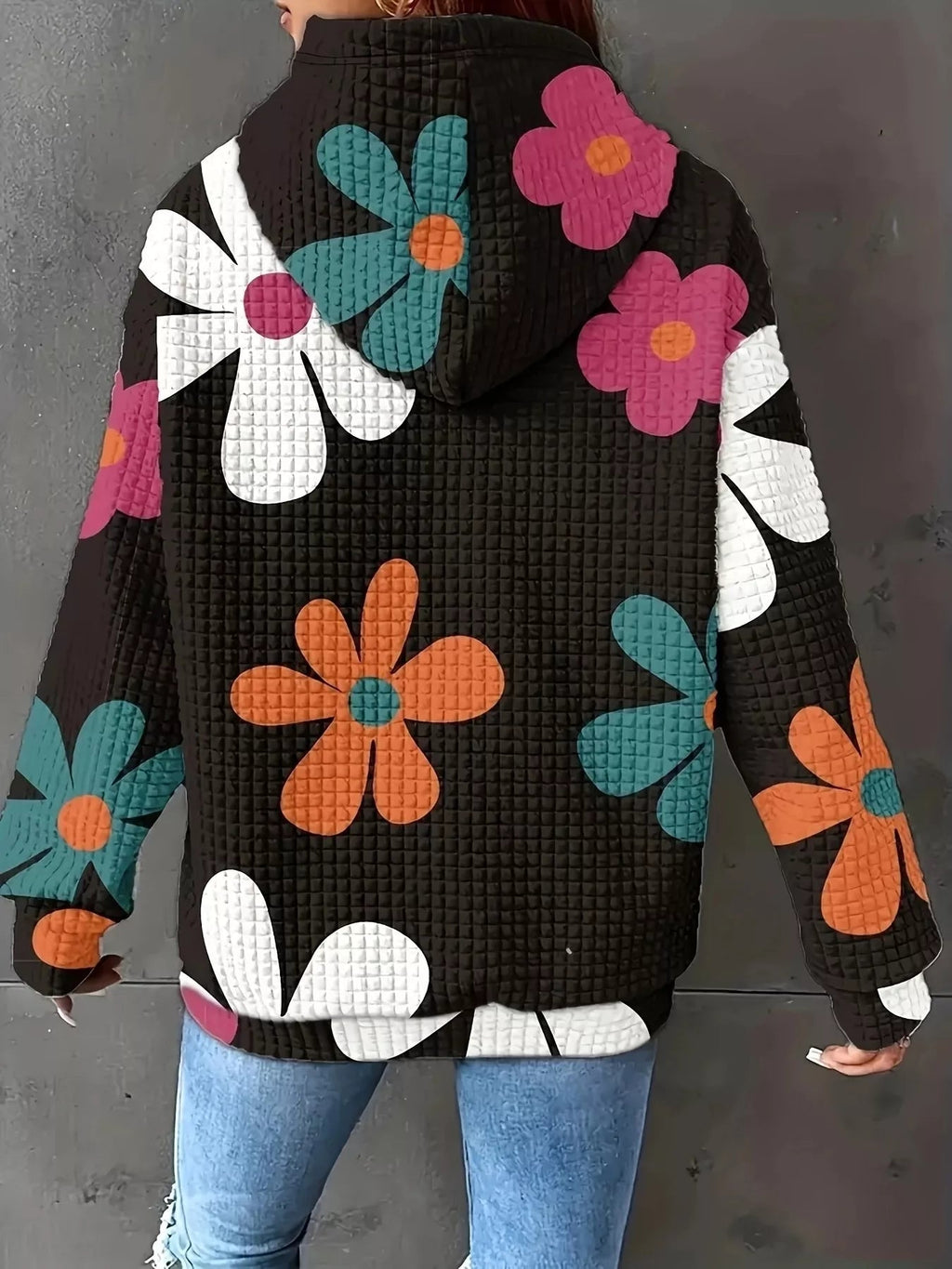 Floral Print Textured Drawstring Hoodie THRIXINE