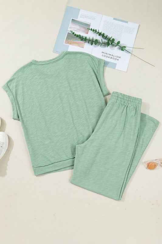 Solid Short Sleeve Tee and Drawstring Pants Set THRIXINE