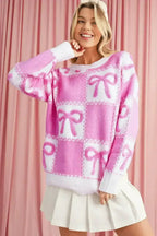 Pink Sweet Bow Two Tone Checkered Sweater