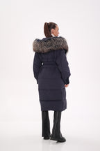 Rei Genuine Fur Trim Hooded Down Coat in Navy - SJB-DIAMOND ELITES